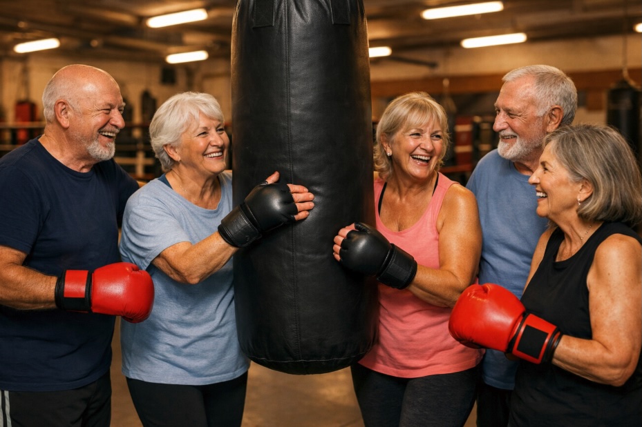 Older adults wearing boxing gloves gathered around a heavy bag at a Rock Steady Boxing class in Toms River New Jersey