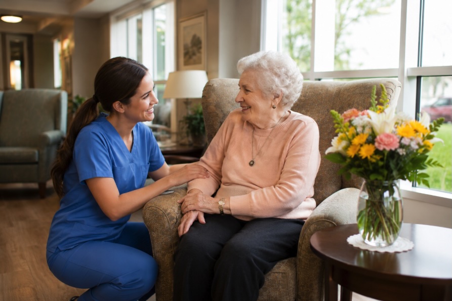 A caregiver speaks with an elderly resident in a bright, welcoming assisted living common room in New Jersey.