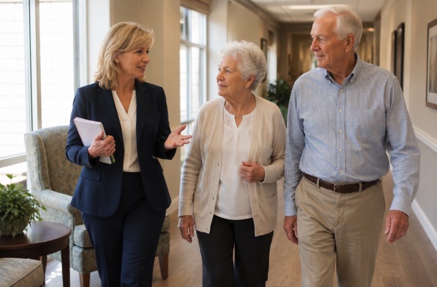 A board-certified patient advocate tours a nursing home with an elderly couple, helping them evaluate the facility and ask the right questions.