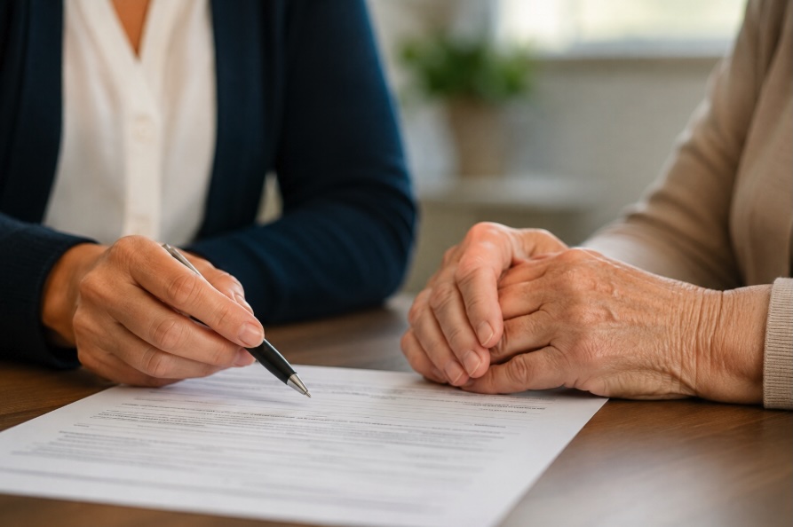 Patient advocate and client reviewing care planning documents together, representing trust and personal support