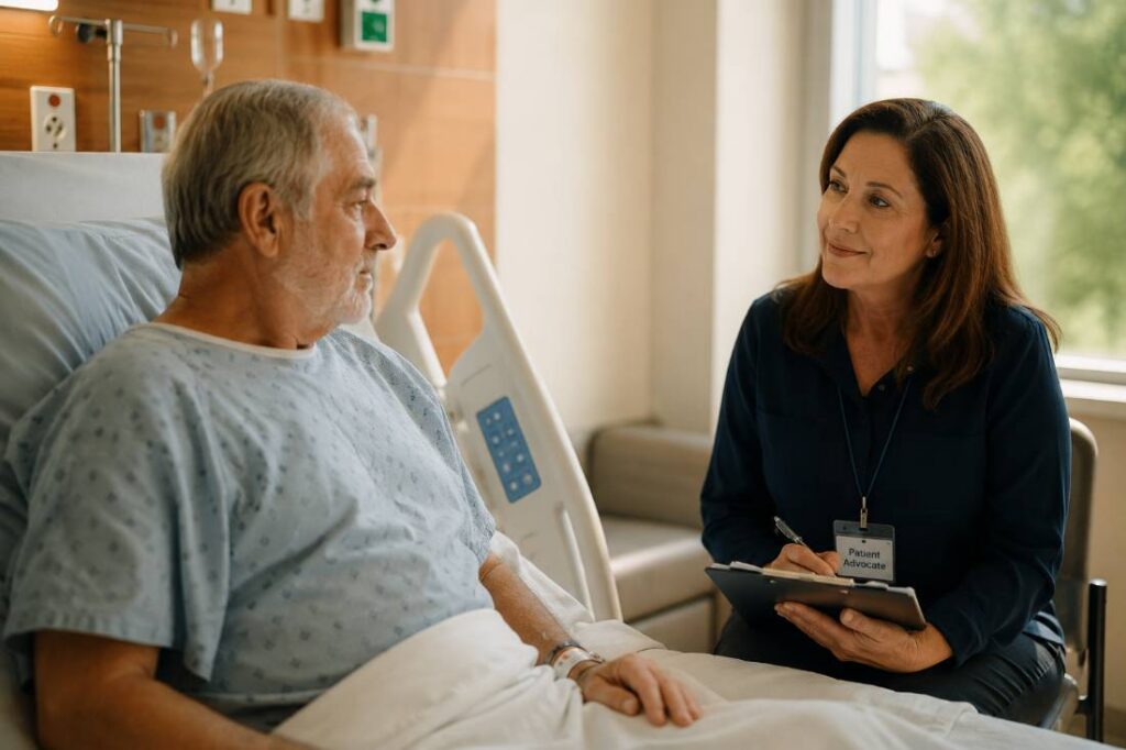 Independent patient advocate helping a hospital patient with discharge planning in New Jersey