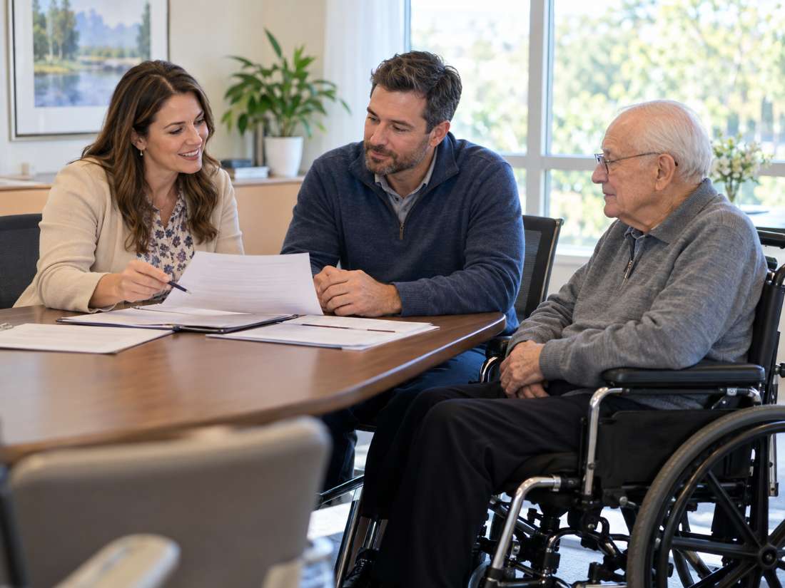 Patient advocate reviewing a discharge plan with an older man and his son before leaving Toms River, NJ rehab