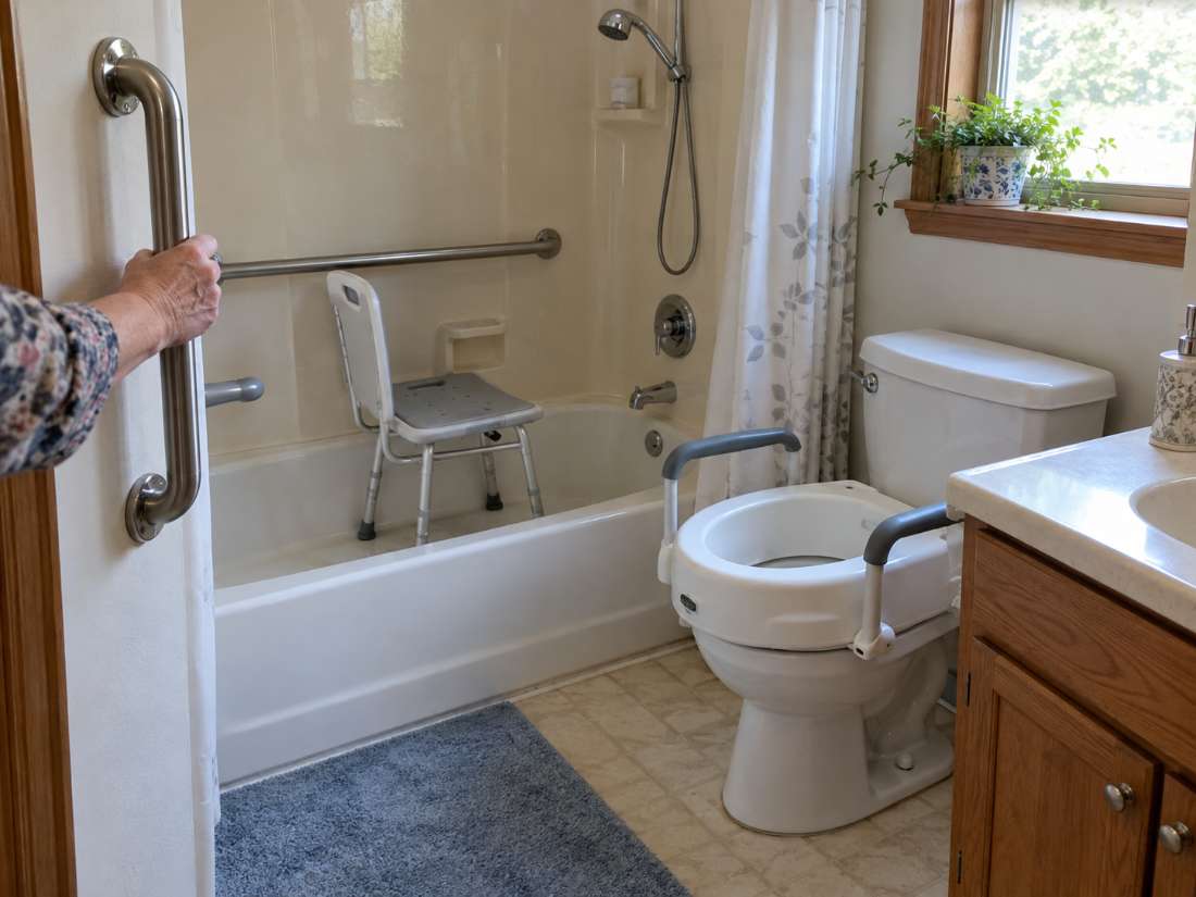 Brick, NJ bathroom set up with a shower chair and grab bars to prepare for a safe return home after discharge from Brick Hospital