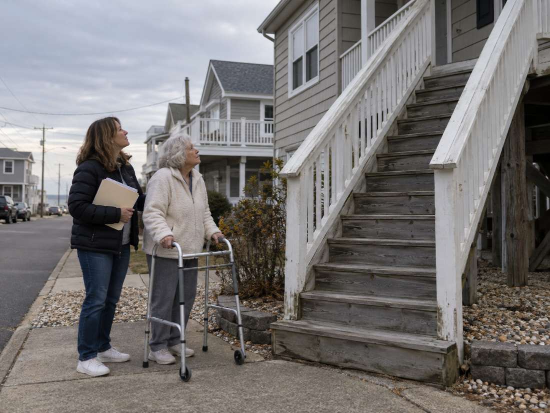 Older woman with a walker and her daughter looking at the stairs to their Island Heights, NJ home after a hospital discharge from Community Medical Center
